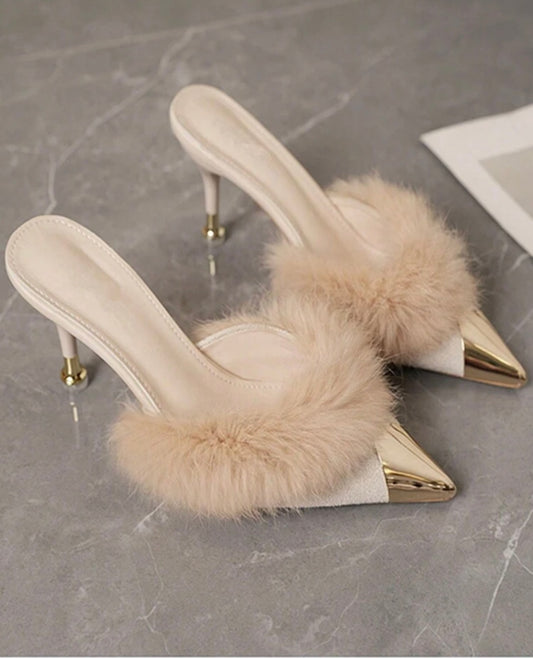 Fur-Trimmed Golden Tip Heels