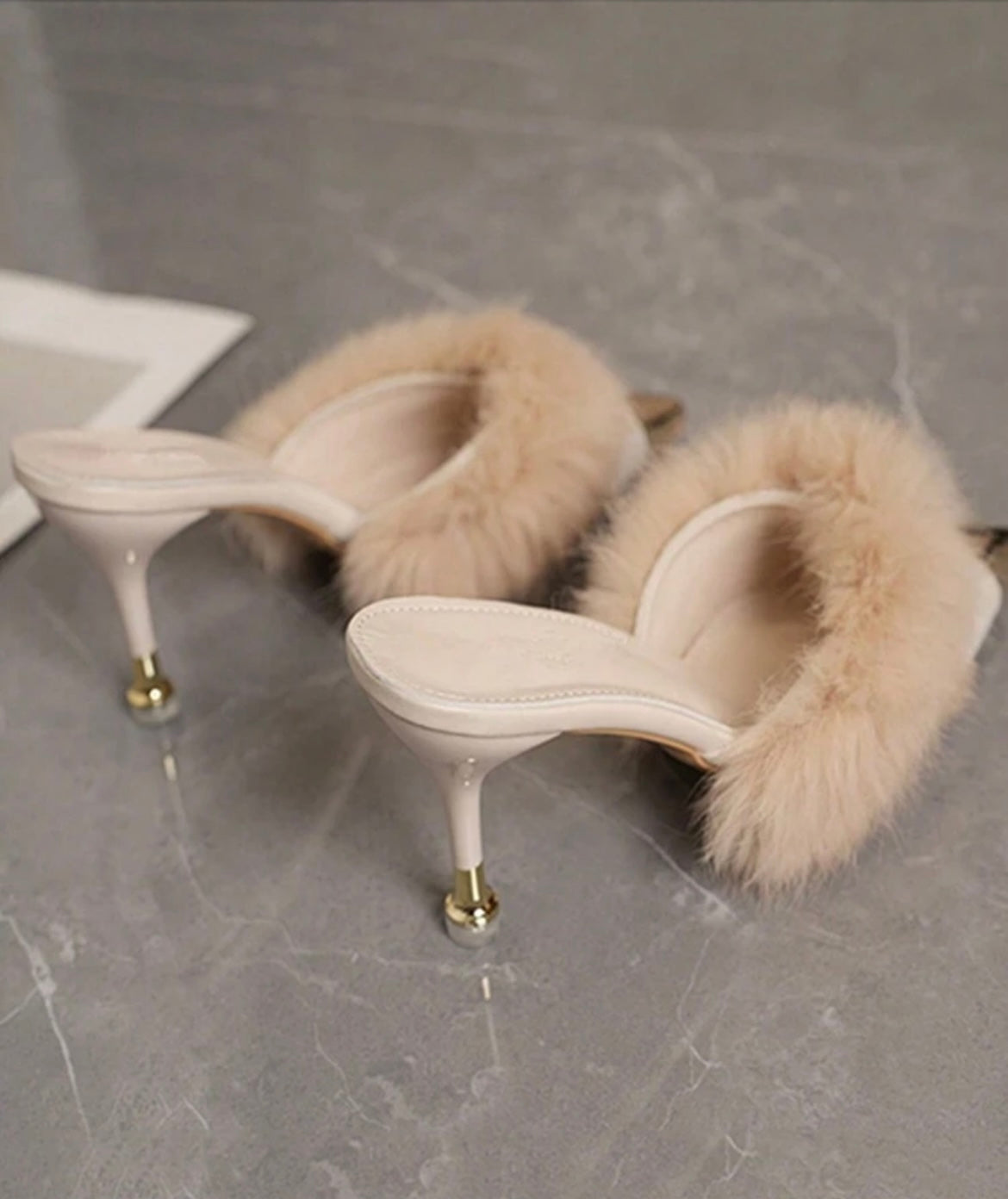 Fur-Trimmed Golden Tip Heels